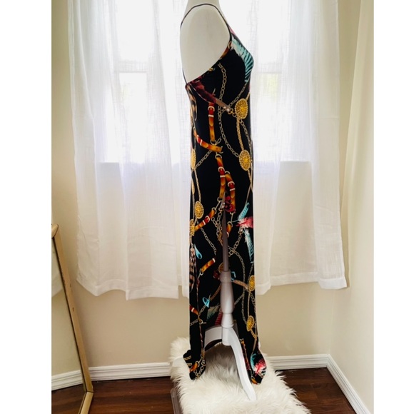 Boho sexy Feather, buckle & chain printed slinky stretch side slit maxi dress - Picture 10 of 10
